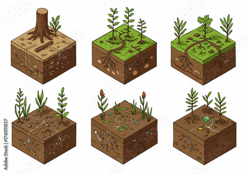 Isometric Handdrawn Illustration of Reforestation Process Stages on Soil Blocks