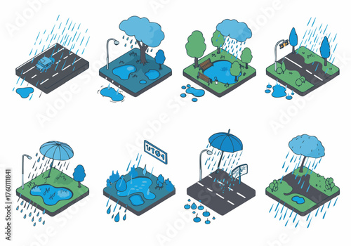 Isometric Pixel Rainwater Puddle Scene Illustration Graphic Element Set