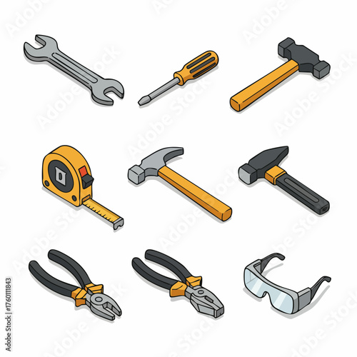 Isometric Detail Hand Tools Various Equipment for Construction and Repair