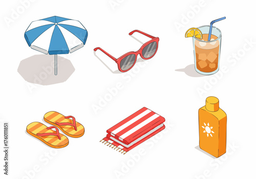 Isometric Summer Element Collection Beach Accessories Vacation Holiday Trip Illustration
