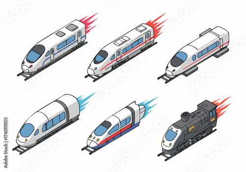 Isometric Pixelated Detailed Train Transportation Set with Speed Trail Illustration