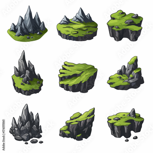 Detailed Pixel Art Floating Fantasy Island Terrain Elements Illustration