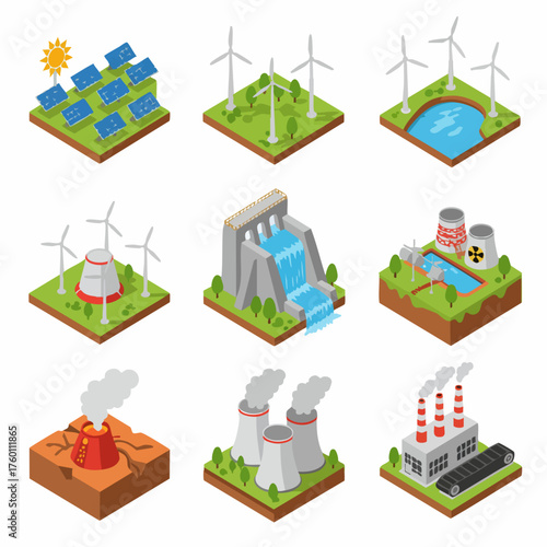 Isometric Environmental Energy Source and Factory Illustration for Sustainable Future Concept
