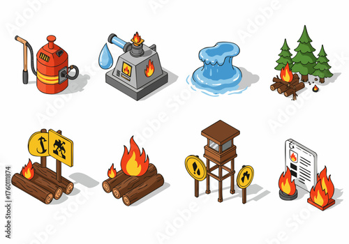 Pixelated Isometric Firefighting Element and Equipment Icon Illustration Set