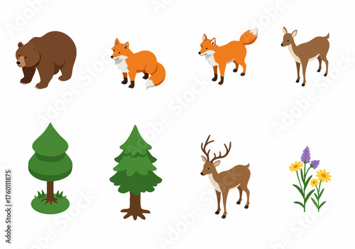 Isometric Cute Forest Animal and Plant Collection Detailed Illustration