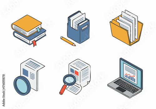 Flat Isometric Office Documents and Devices Set Illustration Graphic Design