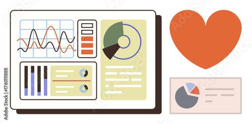 Data dashboard featuring graphs, pie charts, and analytics next to an orange heart, representing connectivity, impact, and emotion. Ideal for business, analysis, health technology data-driven