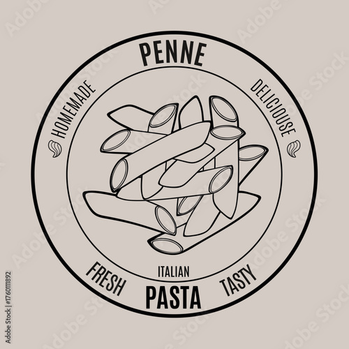 Italian penne pasta vintage style hand drawn sketch of traditional product for restaurants menu, sign, logo, stickers or food packaging. 