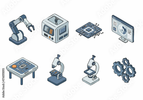 Pixelated Isometric Robotics and Science Equipment Illustration in Retro Style