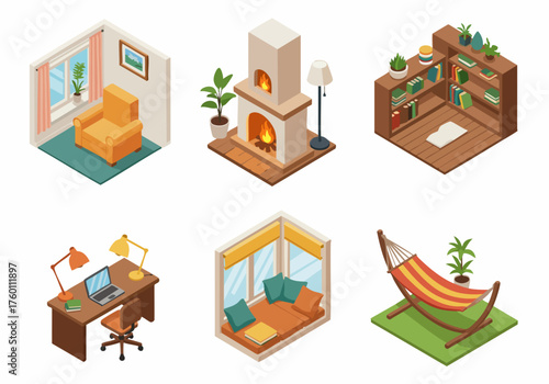 Isometric Interior Room Detailed Illustration with Fireplace, Desk, and Hammock Set