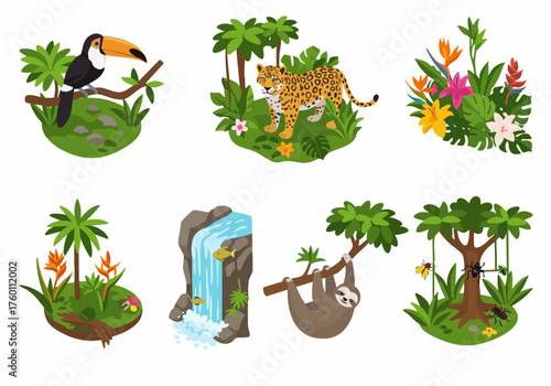 Flat Cartoon Illustration Jungle Animals and Nature Scene Element Collection