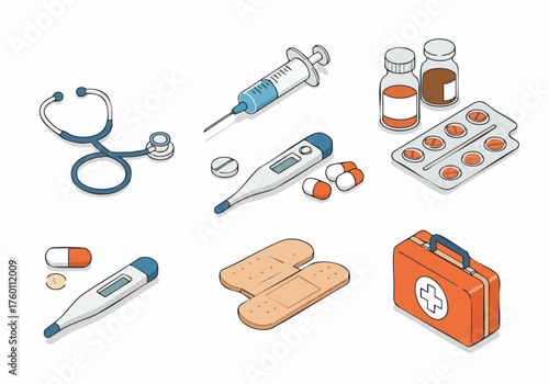 Isometric Handdrawn Medical Equipment Tools Elements for Healthcare and Emergency