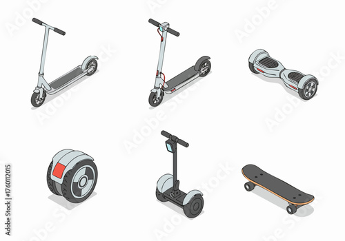 Isometric Detailed Transportation Electric Scooter Hoverboard Skateboard Set Illustration