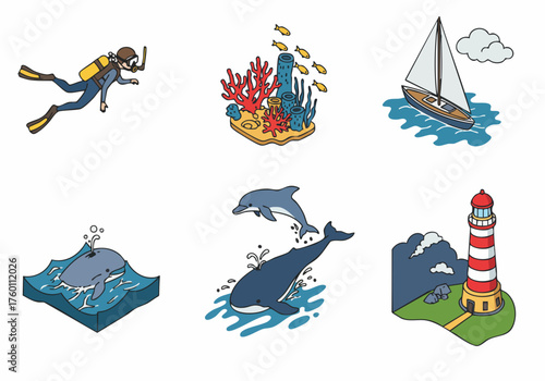 Isometric Handdrawn Sea Life Element Detailed Illustration Set Icon