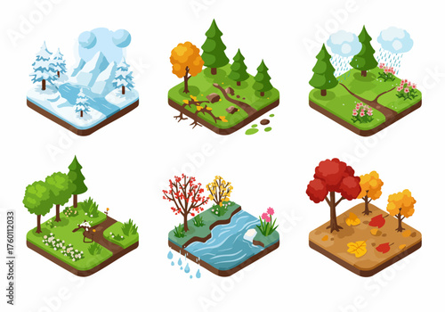 Isometric Colorful Seasonal Landscape Tile Set Illustration