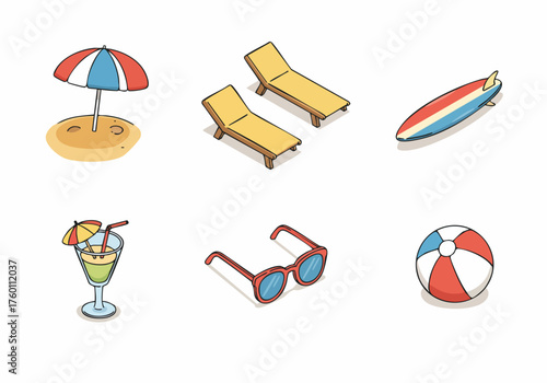 Handdrawn Summer Beach Vacation Elements Isometric Style Illustration Icon Set