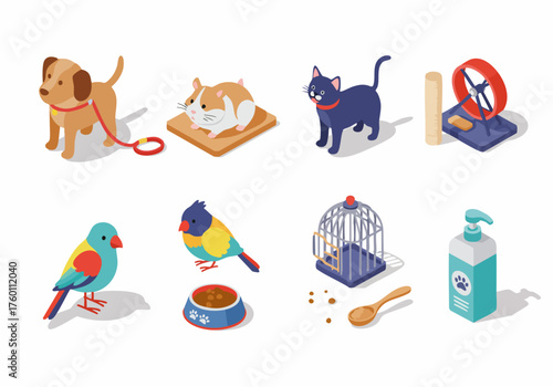 Isometric Detailed Pet Accessories and Animals Illustration of Common Household Pets