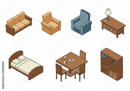 Isometric Handdrawn Furniture Interior Decoration Element Detailed and Realistic Isolated