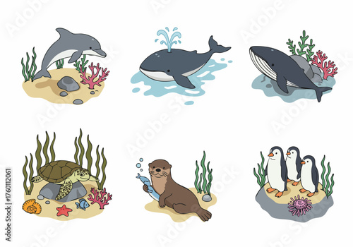 Pixelated Detailed Marine Animal Icon Set Sea Creature Collection Design