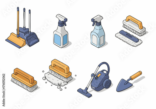Isometric Pixel Art Detailed Cleaning Equipment and Supplies Illustration Set