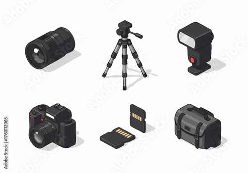 Isometric Pixelated Digital Camera Equipment Tool Object Illustration Set