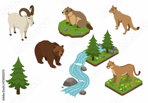 Isometric Detailed Wildlife Animal and Nature Illustration for Landscape Design Element