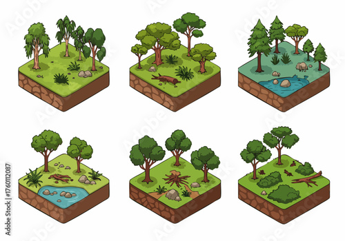 Isometric Pixelated Tree Group Landscape Design Element Isolated on White