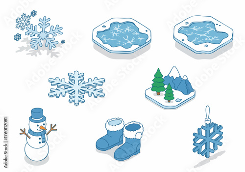 Isometric Winter Element Illustration Set Snowflake Ice Boots Snowman Ornament Landscape