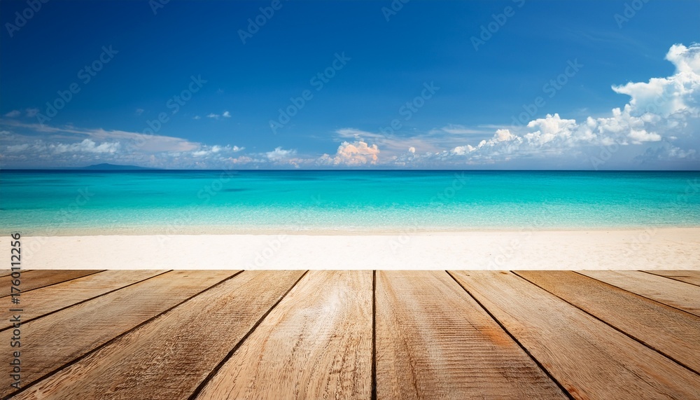 Fototapeta premium The Beach With Wooden Tabletop Summer Beach Backgrounds