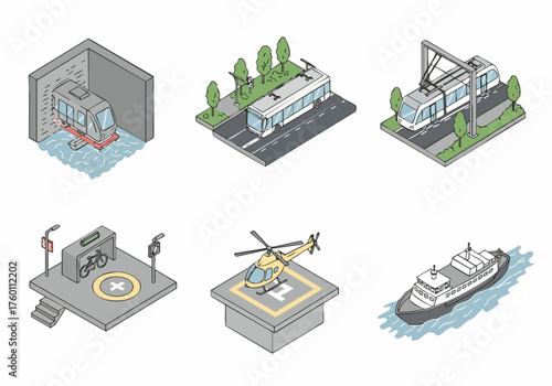 Isometric Pixel Art Transportation Element Collection, Various Vehicle and Public Transit Icons