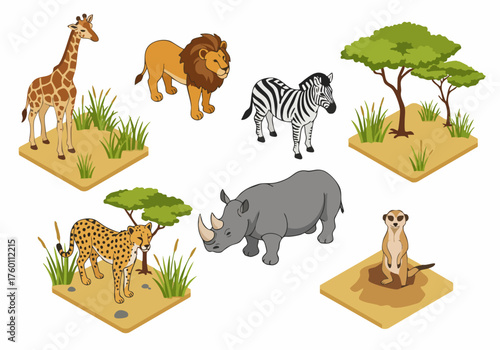 Isometric Detail Animal Savannah Illustration with Trees and Plants Graphic