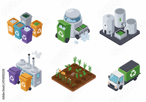 Isometric Detailed Recycling Process Industrial Facility and Equipment Illustration