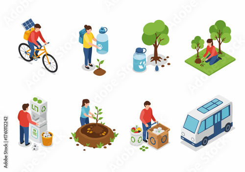 Isometric People Recycle Activities Illustration Concept with Eco Friendly Actions
