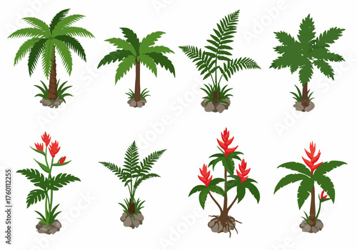 Pixelated Detailed Tropical Plant and Flower Arrangement Icon Set Collection