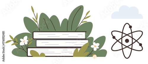 Stacked books surrounded by green leaves and white flowers, atom illustration for science, cloud hinting inspiration. Ideal for education, learning, growth, sustainability, science, ecology
