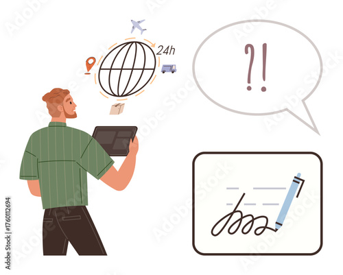 Young man holding tablet, analyzing global delivery network with packages, airplane, truck. Includes speech bubble, digital signature idea. Ideal for logistics, e-commerce, global trade delivery