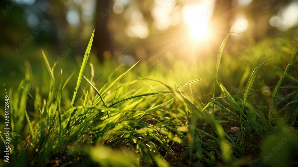 Naklejka premium Sunlight breaks through the trees casting a warm glow on the lush green grass beneath. The peaceful atmosphere of the forest creates a serene moment in late afternoon.