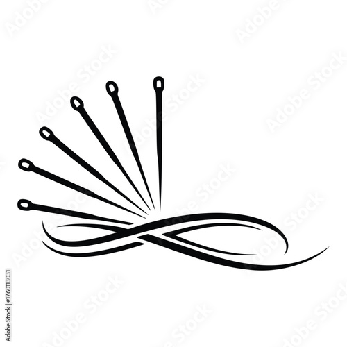 Acupuncture needles with a decorative swirl in a black and white illustration.