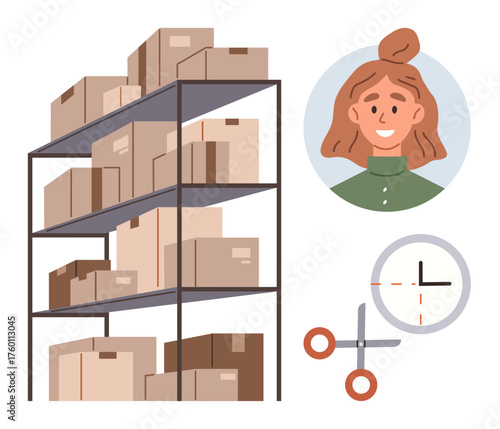 Storage shelves filled with boxes, portrait of a worker, clock, and scissors. Ideal for warehouse operations, inventory control, logistics, time management, organization shipping and workforce