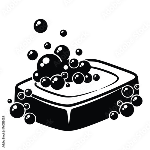 Black and white illustration of a bar of soap with abundant suds and bubbles.