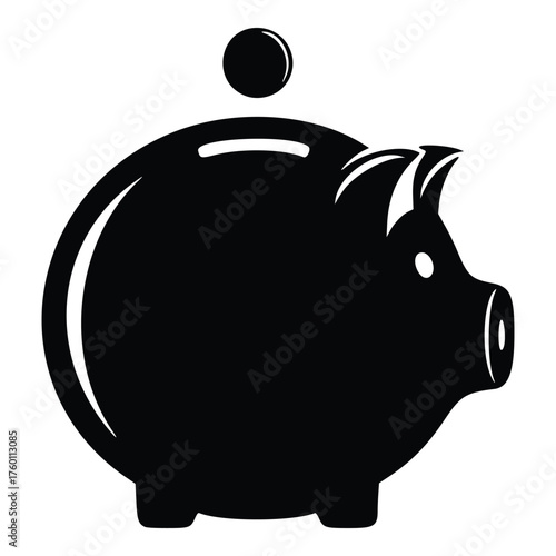 Black Piggy Bank with Coin Icon for Savings and Finance.