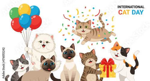 Celebrate International Cat Day with adorable cartoon cats, colorful balloons, confetti, and gifts for a heartwarming and joyous occasion today