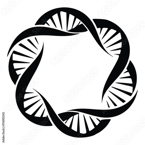 Intertwined DNA strands forming a circular genetic helix pattern.
