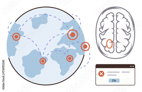 Globe with nodes and connections, brain with outlined regions, error popup window. Ideal for themes thumbs up technology, neuroscience, connectivity, data tech, troubleshooting, education simple