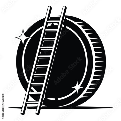 Ladder Leaning Against a shiny big coin.