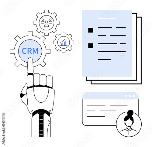 Robotic hand interacting with CRM, surrounded by gears, documents, and user profile. Ideal for automation, technology, CRM, AI efficiency business and innovation. Minimalistic flat metaphor