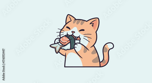 Adorable tabby cat enjoying delicious sushi with salmon and fish, a cute illustration for pet lovers, foodies, and playful designs, light blue background
