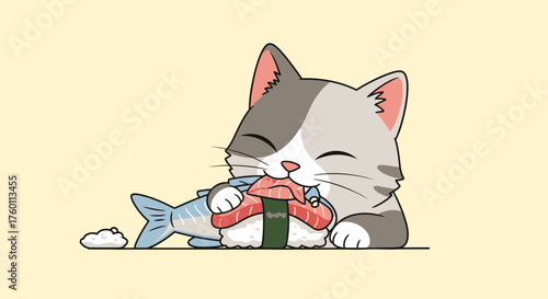 Adorable kitty lovingly hugs its sushi roll and fresh fish friend, a heartwarming moment of feline food fascination and playful kawaii charm