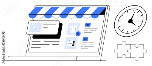 Laptop displaying a digital storefront with product cards, discount tag, and awning. Nearby clock and puzzle pieces suggest time management, integration, and online shopping. Ideal for e-commerce