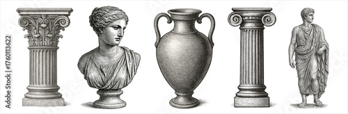 Antique Greek and Roman art vector illustration with classical columns, marble busts, amphora vase, and ancient statue in engraving style. Perfect for vintage decor, history designs, and educational p